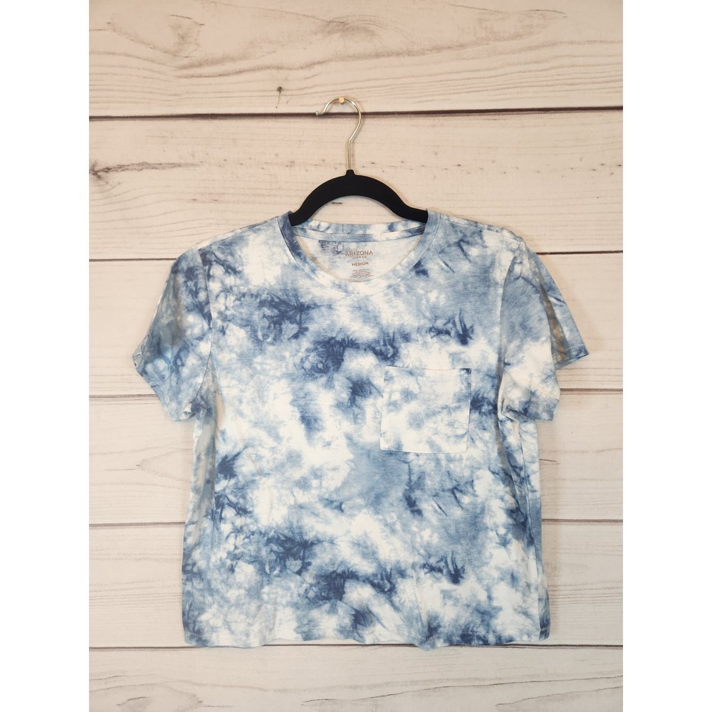 Arizona Jean Co Womens Cropped Top‎ Tie Dye Short Sleeve Crewneck Blue White M